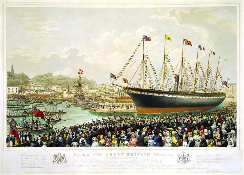 a painting of the launch of the SS Great Britain