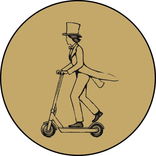 Drawing of a man in a top hat riding a scooter in black outline on gold background.