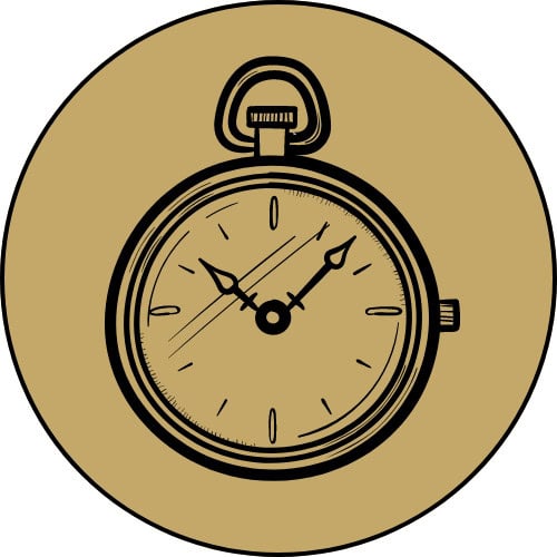 Drawing of a pocket watch in black outline on gold background.