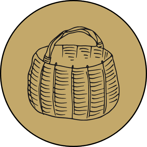 Drawing of a basket in black outline on gold background.