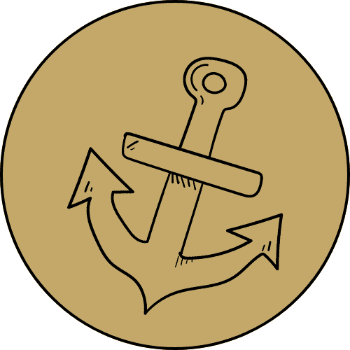 Drawing of an anchor in black outline on gold background.