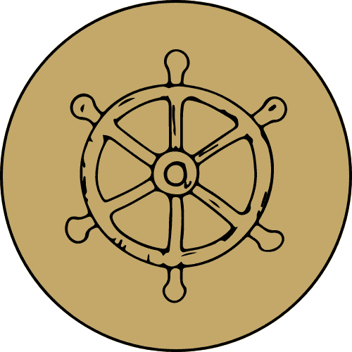 Drawing of a ship's wheel in black outline on gold background.