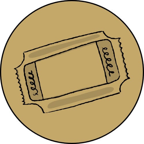 Drawing of a ticket in black outline on gold background.